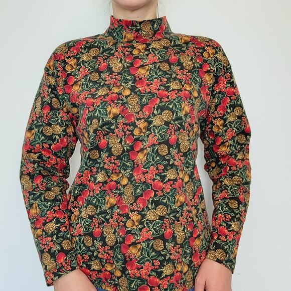 Talbots Mock Neck Turtleneck Long Sleeve Top M Pinecones Apples Pears - Picture 4 of 7